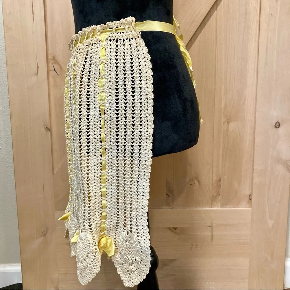 Vintage Hand Made Crocheted Half Apron Cream And Yellow